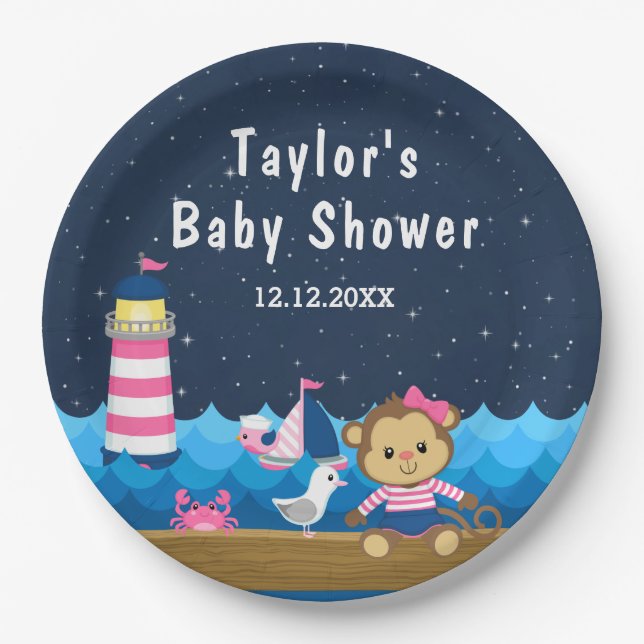 Plato De Papel Chica náutico Mono Rosado y Baby Shower de la Mari (Anverso)