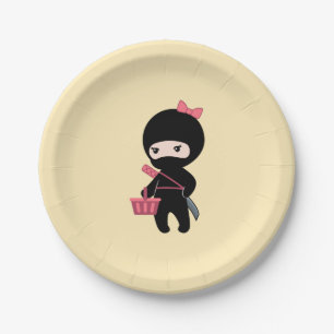 Plato De Papel Chica Ninja Compradora sobre Amarillo