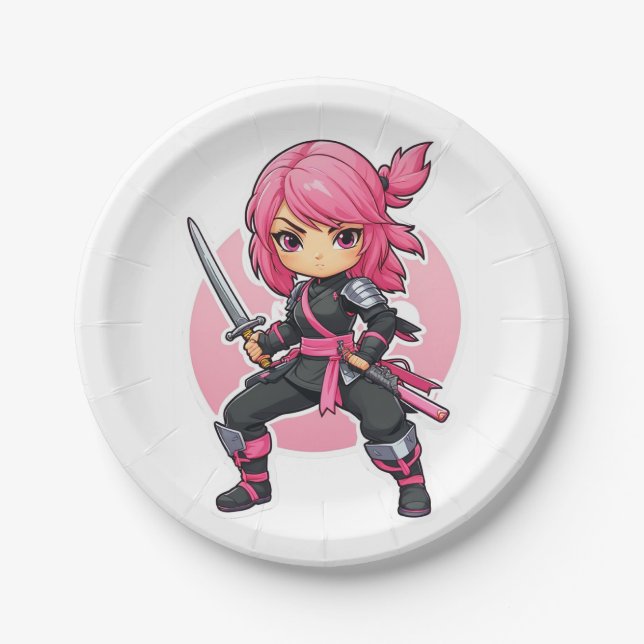Plato De Papel Chica Ninja Rosa (Anverso)