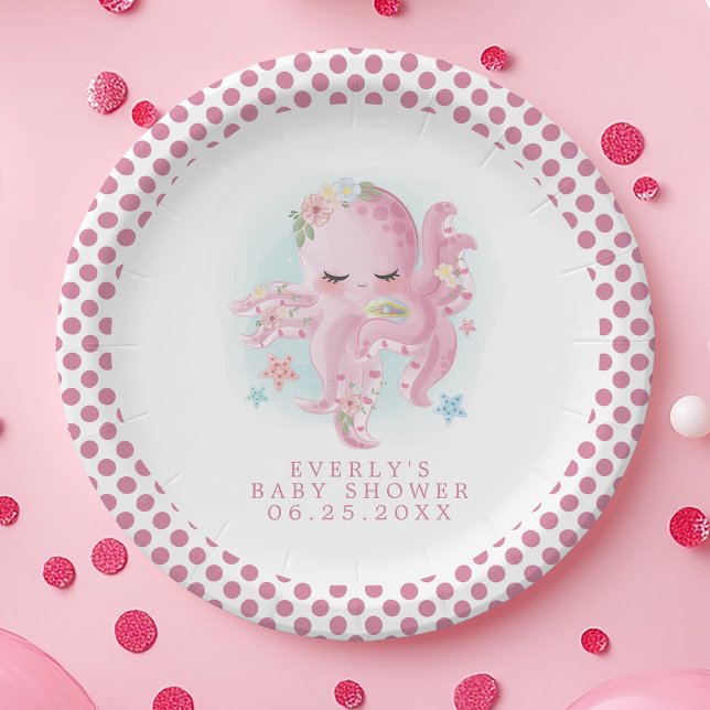 Plato De Papel Chica Octopus Cute Pink Watercolor Baby Shower (Subido por el creador)