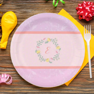 Plato De Papel Chica Pastel Rosa y Lavender Monograma Floral Niño