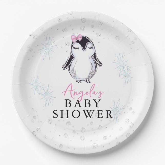 Plato De Papel Chica Penguin Winter Baby Shower (Anverso)