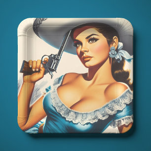 Plato De Papel Chica pin-up del Oeste Salvaje Retro