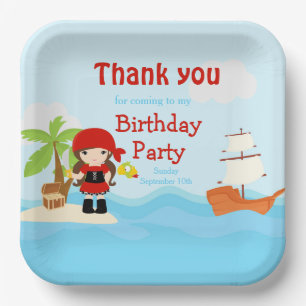 Plato De Papel Chica pirata de burritas en cumpleaños rojo