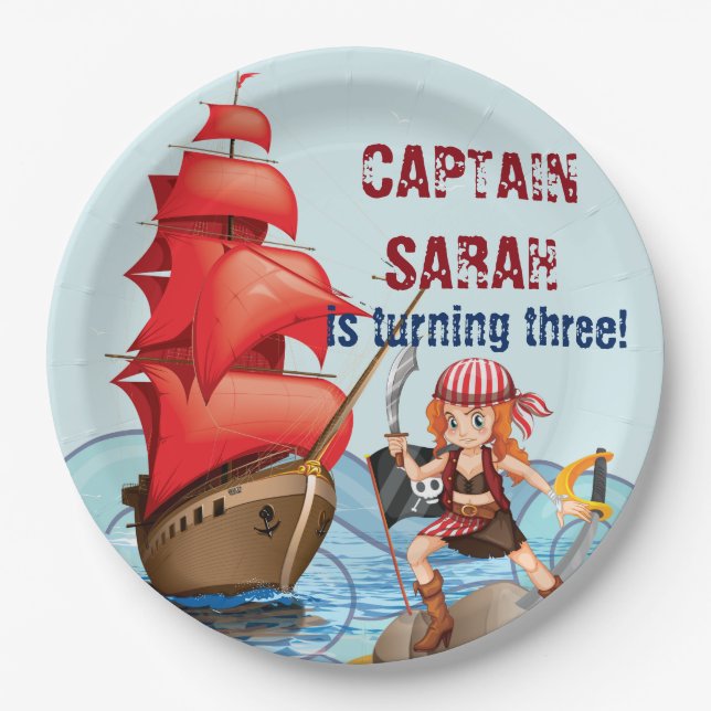 Plato De Papel Chica pirata Fiesta de cumpleaños Bandas de barco (Anverso)