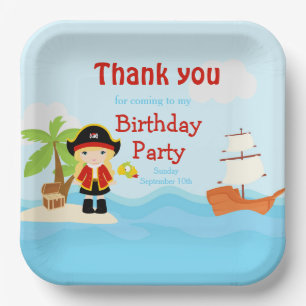 Plato De Papel Chica pirata rubio en cumpleaños rojo