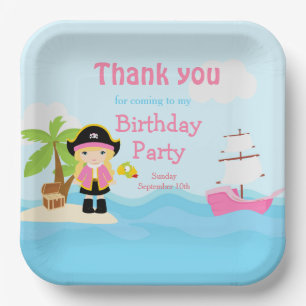 Plato De Papel Chica pirata rubio en fiesta de cumpleaños rosado