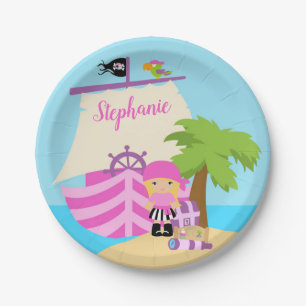 Plato De Papel Chica pirata y nombre personalizado de gran barco