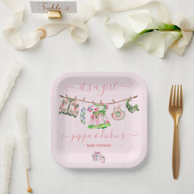 Plato De Papel Chica preppy clothesline Baby Shower (Boda)