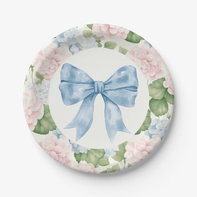 Plato De Papel Chica Preppy Southern Blue Bow Baby Shower (Anverso)