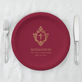 Plato De Papel Chica Primera Comunión Borgoña Escudo de oro elega