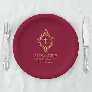 Plato De Papel Chica Primera Comunión Borgoña Escudo de oro elega