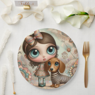 Plato De Papel Chica primitiva de ojos abiertos con perro