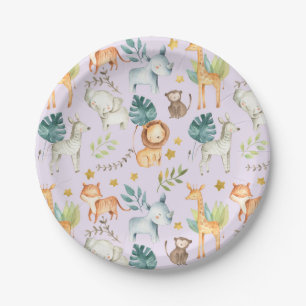 Plato De Papel Chica púrpura de animales de safari en la jungla e