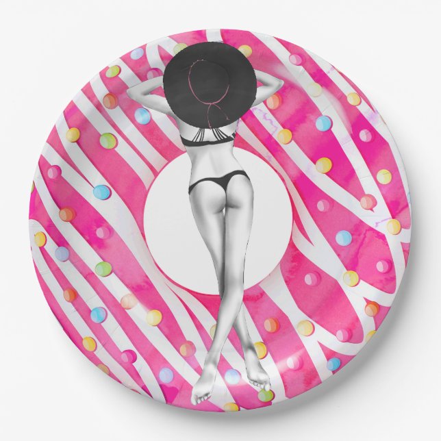 Plato De Papel Chica Retro Bikini Fiesta de natalidad (Anverso)