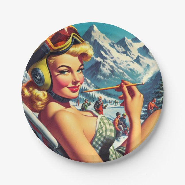Plato De Papel Chica Retro Snowboard (Anverso)