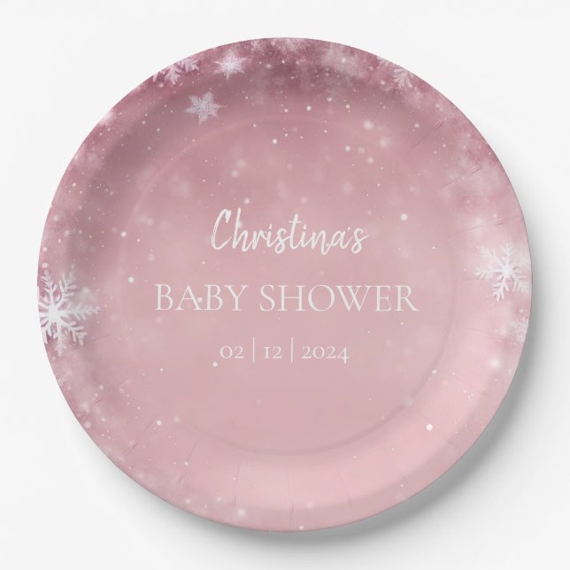 Plato De Papel Chica rosa Baby Shower de invierno (Anverso)