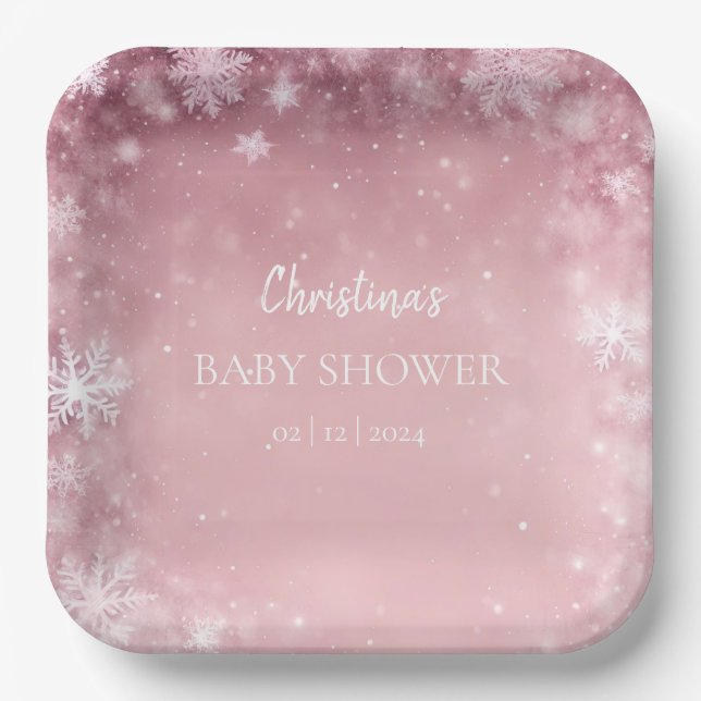 Plato De Papel Chica rosa Baby Shower de invierno (Anverso)