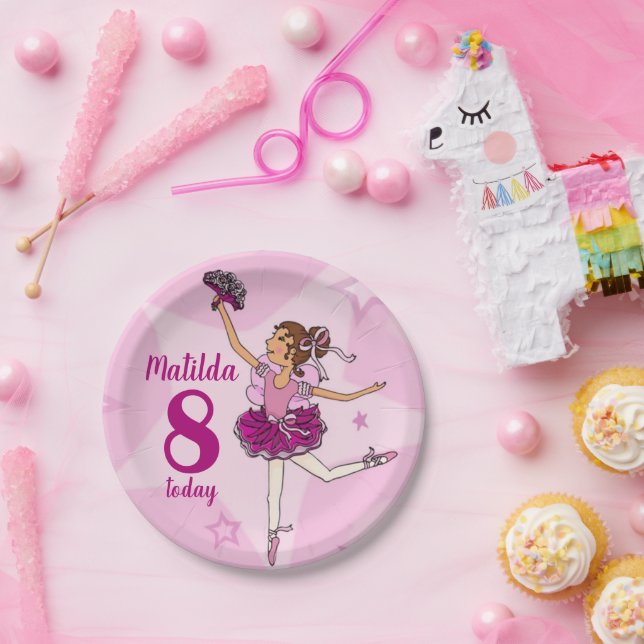 Plato De Papel Chica rosa Ballerina 8 cumpleaños nombre personali (Fiesta)