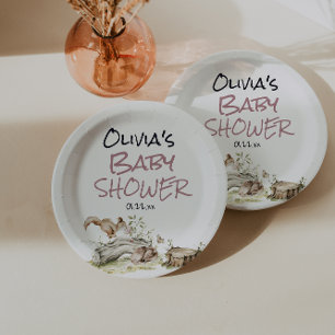 Plato De Papel Chica Rosa Bosque Salvaje Animal Baby Shower