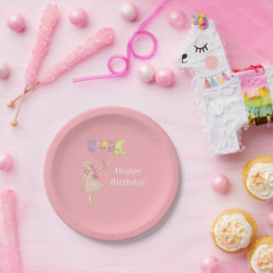 Plato De Papel Chica Rosa Corazón Estrellas Luna Globos Cumpleaño