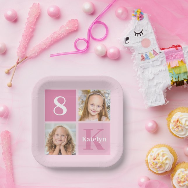 Plato De Papel Chica Rosa Cute Personalizado de Collage de fotos (Fiesta)
