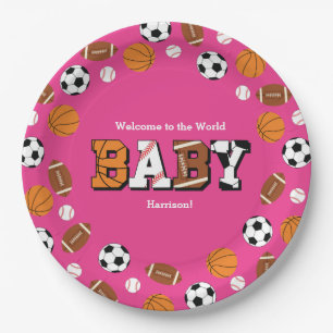 Plato De Papel Chica rosa de Baby Shower deportivo