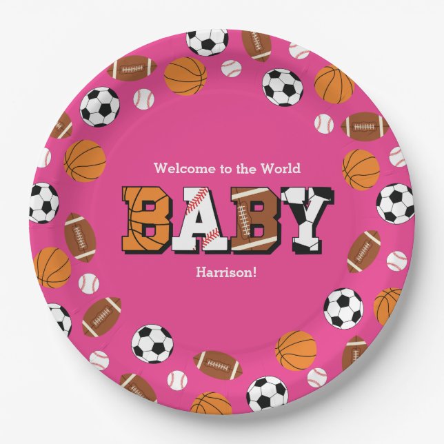 Plato De Papel Chica rosa de Baby Shower deportivo (Anverso)
