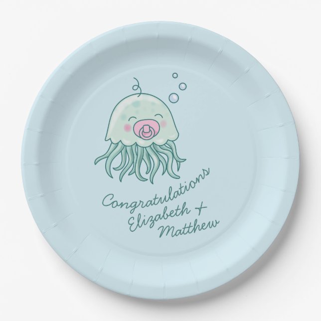 Plato De Papel Chica rosa de Cute Jellyfish Baby Shower Kawaii (Anverso)