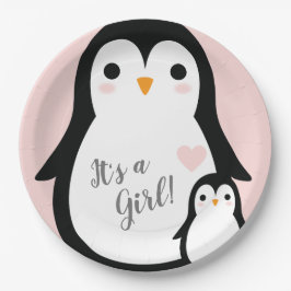 Plato De Papel Chica rosa de Cute Penguin Baby Shower