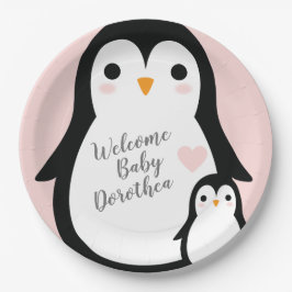Plato De Papel Chica rosa de Cute Penguin Baby Shower