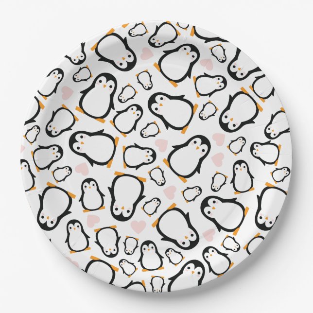 Plato De Papel Chica rosa de Cute Penguin Baby Shower (Anverso)