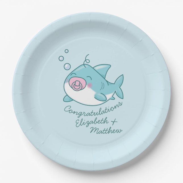 Plato De Papel Chica rosa de Cute Shark Baby Shower Kawaii (Anverso)
