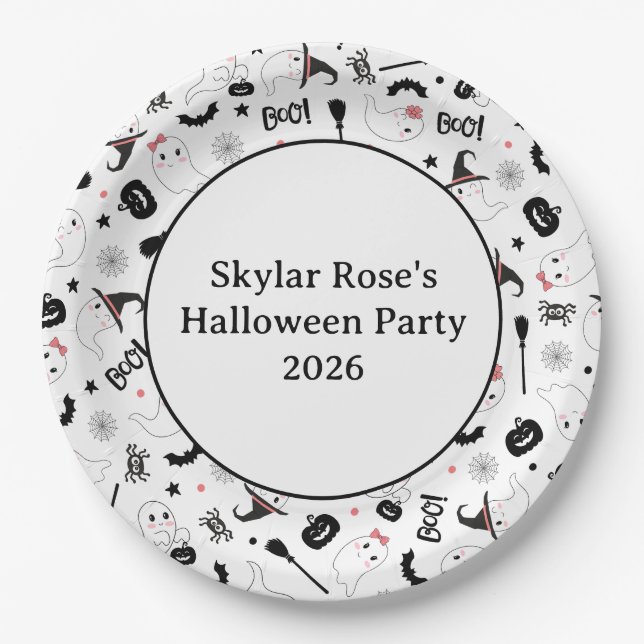 Plato De Papel Chica rosa de Halloween, un fantasma adorable (Anverso)