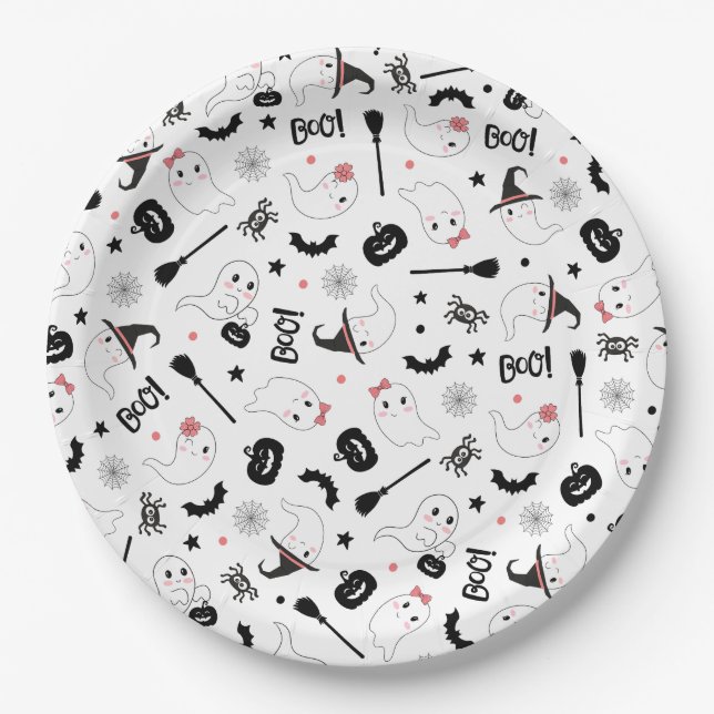 Plato De Papel Chica rosa de Halloween, un fantasma adorable (Anverso)