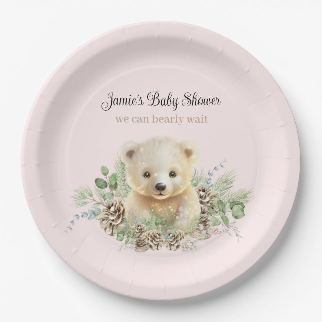 Plato De Papel Chica rosa de oso polar de invierno suave Baby Sho (Anverso)