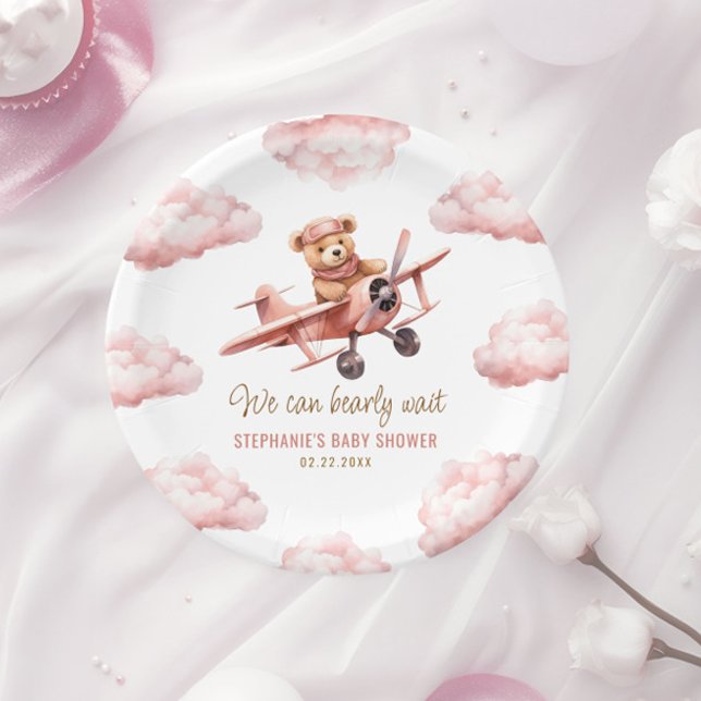 Plato De Papel Chica rosa del avión de oso lindo Baby Shower (Cute Bear Airplane Pink Girl Baby Shower Paper Plates)