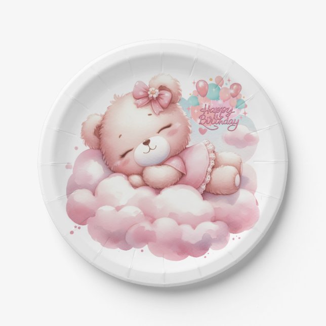 Plato De Papel Chica Rosa Estrella del Arcoiris Cumpleaños (Anverso)