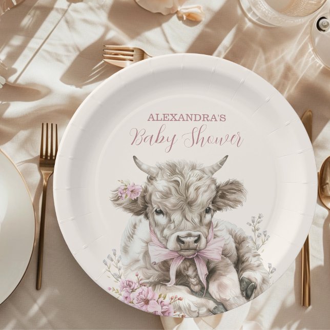 Plato De Papel Chica rosa Floral Highland Cow Baby Shower (Subido por el creador)