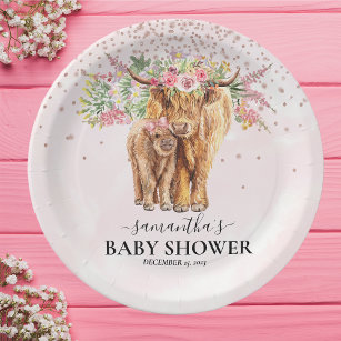 Plato De Papel Chica rosa Floral Highland Cow Calf Baby Shower