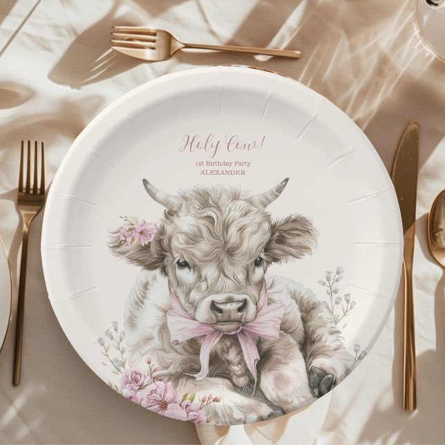 Plato De Papel Chica rosa Floral Highland Cow primer cumpleaños (Subido por el creador)