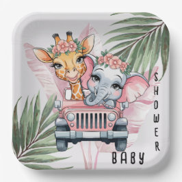 Plato De Papel Chica rosa Floral Safari Adventure Baby Shower