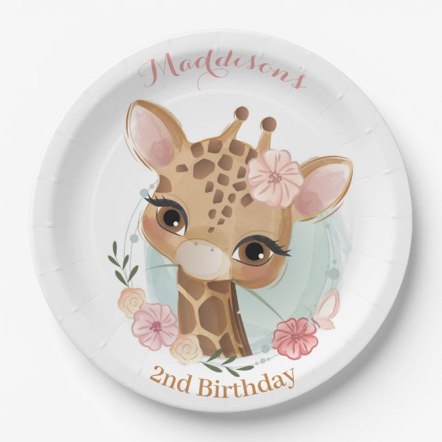 Plato De Papel Chica Rosa Giraffe Birthday Baby Shower (Anverso)