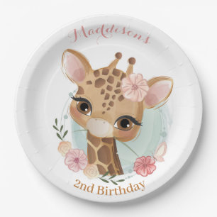 Plato De Papel Chica Rosa Giraffe Cumpleaños Baby Shower