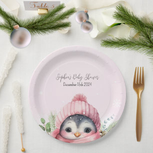 Plato De Papel Chica rosa lindo pingüino Baby Shower