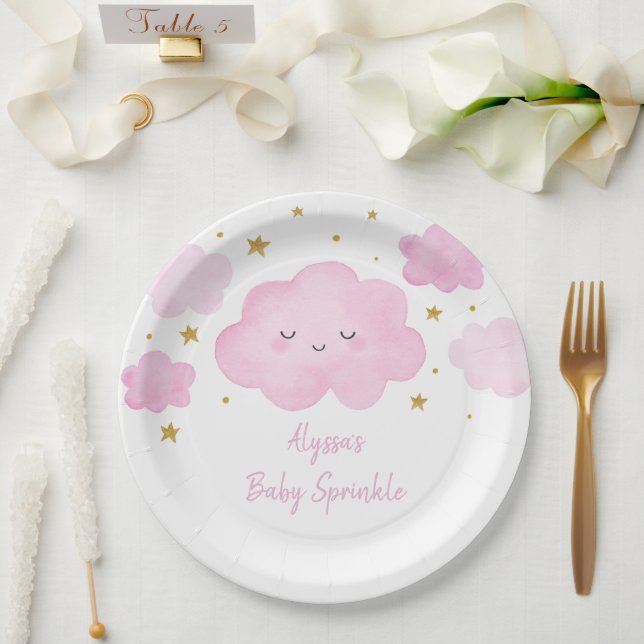 Plato De Papel Chica rosa Nube Estrellas Infantil Espolvoroso (Boda)