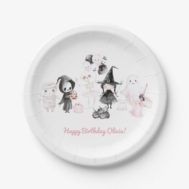 Plato De Papel Chica rosa pastel cumpleaños halloween (Anverso)