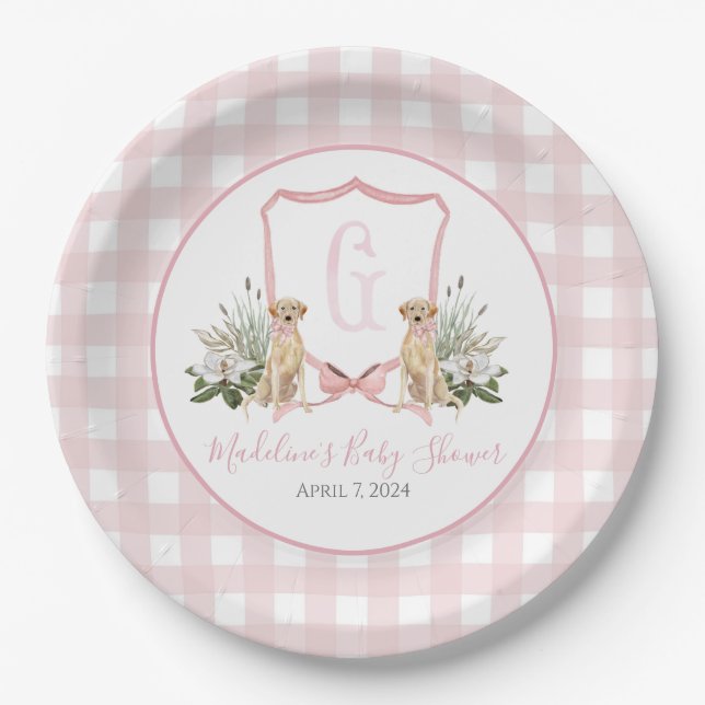 Plato De Papel Chica Rosa Preppy Sur Perro Baby Shower (Anverso)
