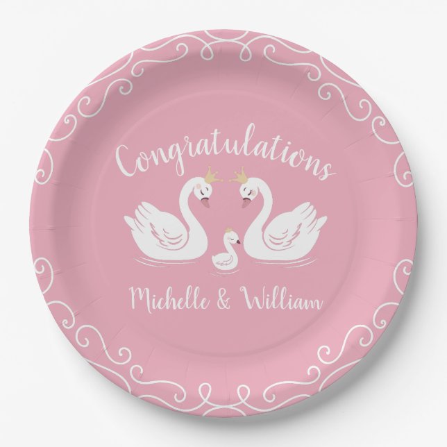 Plato De Papel Chica rosa Swans Baby Shower (Anverso)