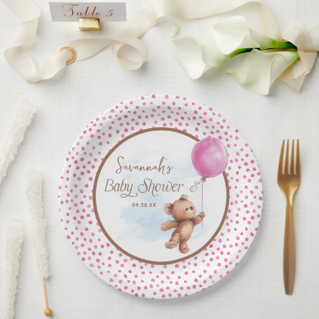 Plato De Papel Chica rosa Teddy Bear Baby Shower Placa de papel (Boda)